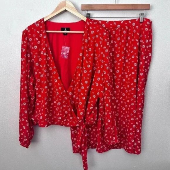 J BY JASON WU | Set Skirt + Wrap Blouse Red White Ditzy Floral Print | Size 2X - Picture 1 of 12